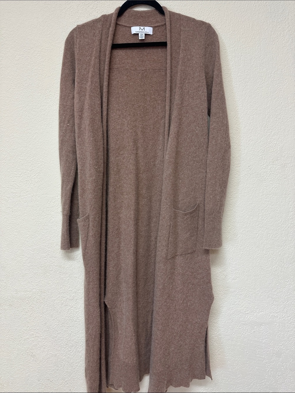 Magaschoni womans Cashmere Long Open-Front Brown Knit Cardigan Sweater M